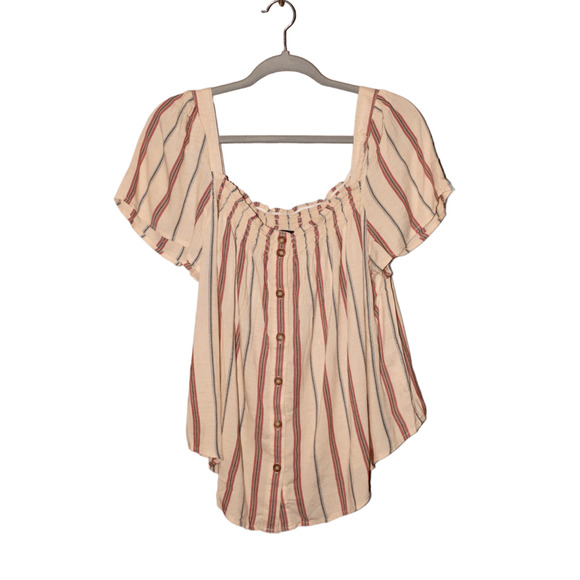 SANCTUARY NEW $79 Smocked Square Neck Cream Striped Button Down Top‎ 1X - Picture 1 of 3
